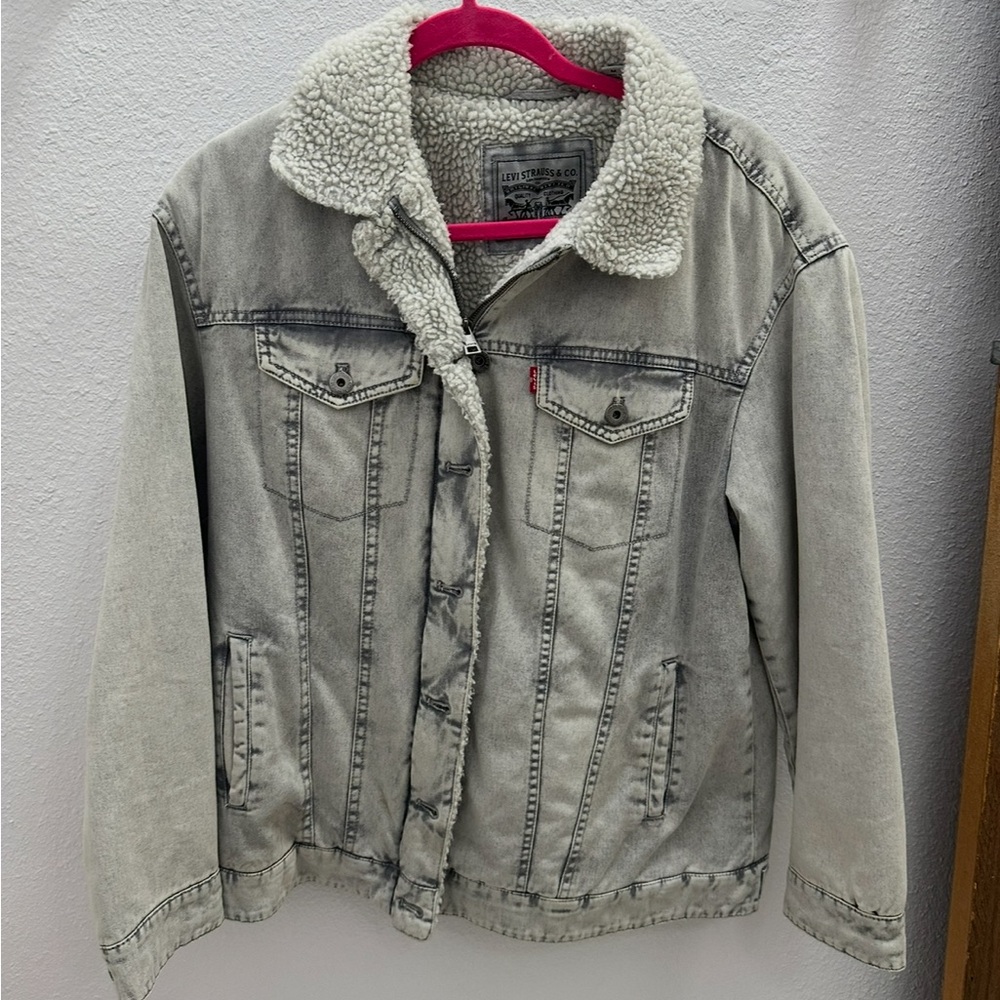 Levi's Gray Denim Jacket with Sherpa Lining and Pink Trim